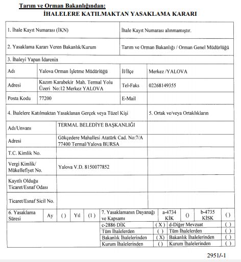 TARIM BAKANLIĞI’DAN, AKP’Lİ TERMAL BELEDİYESİ’NE İHALEYE KATILMA YASAĞI