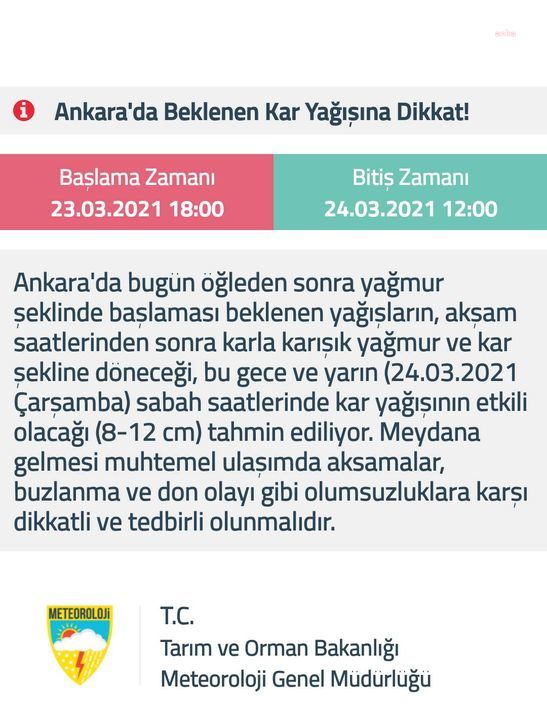 METEOROLOJİ'DEN ANKARA'YA KAR UYARISI