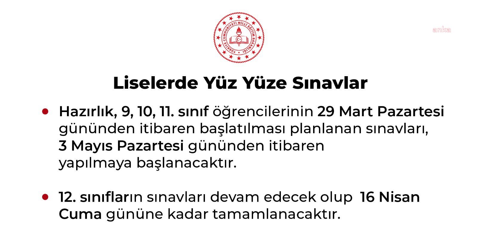 MEB'TEN YÜZ YÜZE SINAV TAKVİMİ GÜNCELLEMESİ: "9, 10, 11. SINIF ÖĞRENCİLERİNİN 29 MART'TA BAŞLATILMASI PLANLANAN SINAVLARI 3 MAYIS'TA BAŞLAYACAK"