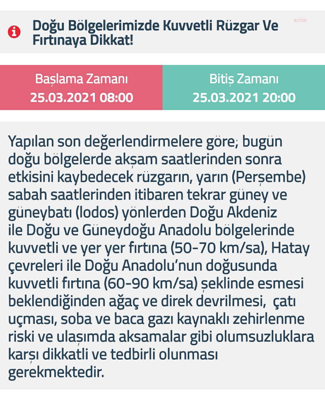 METEOROLOJİ'DEN DOĞU BÖLGELERİ İÇİN FIRTINA UYARISI
