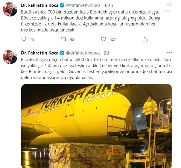 BAKAN KOCA: "700 BİN DOZ DAHA BİONTECH AŞISI GELDİ"
