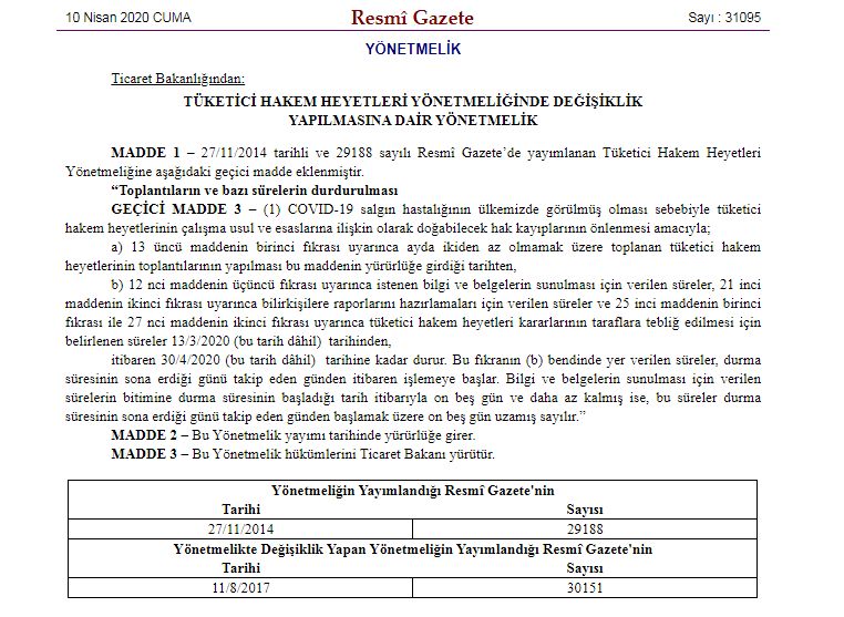 TÜKETİCİ HAKEM HEYETİ TOPLANTILARI 30 NİSAN’A KADAR DURDURULDU