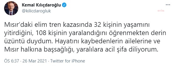 KILIÇDAROĞLU: "MISIR HALKINA BAŞSAĞLIĞI, YARALILARA ACİL ŞİFA DİLİYORUM"