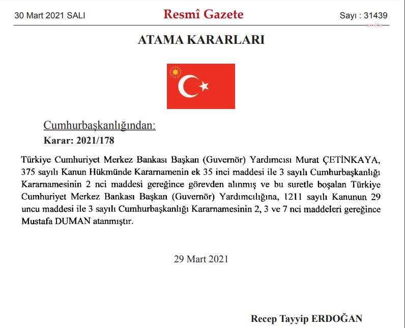 MERKEZ BANKASI GENEL MÜDÜR YARDIMCILIĞINA MUSTAFA DUMAN ATANDI