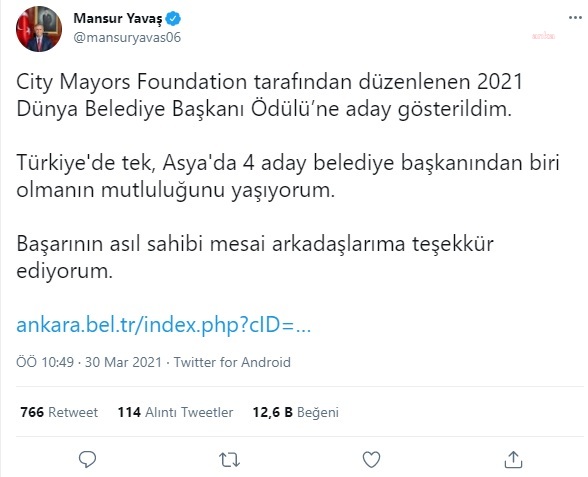 MANSUR YAVAŞ "2021 DÜNYA BELEDİYE BAŞKANI ÖDÜLÜ"NE ADAY GÖSTERİLDİ