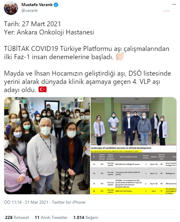 BAKAN VARANK: YERLİ AŞI, DÜNYADA KLİNİK AŞAMAYA GEÇEN 4. VLP AŞI ADAYI OLDU