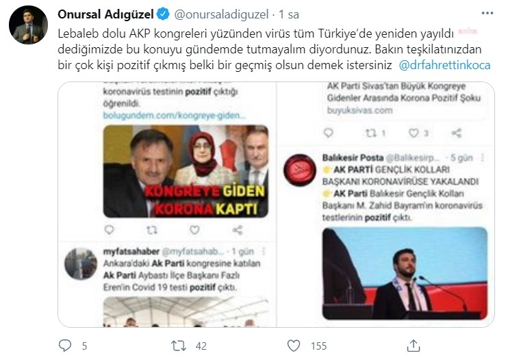 CHP'Lİ ADIGÜZEL KONGREDEN SONRA KORONAVİRÜSE YAKALANAN AKP'LİLERİN LİSTESİNİ PAYLAŞTI