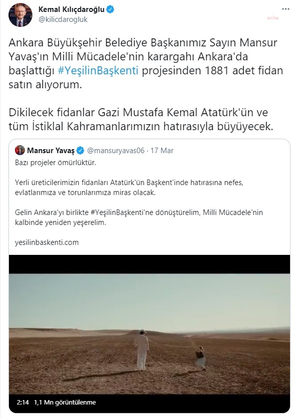 KILIÇDAROĞLU, MANSUR YAVAŞ'IN BAŞLATTIĞI "YEŞİLİN BAŞKENTİ" PROJESİNDEN 1881 ADET FİDAN ALDI