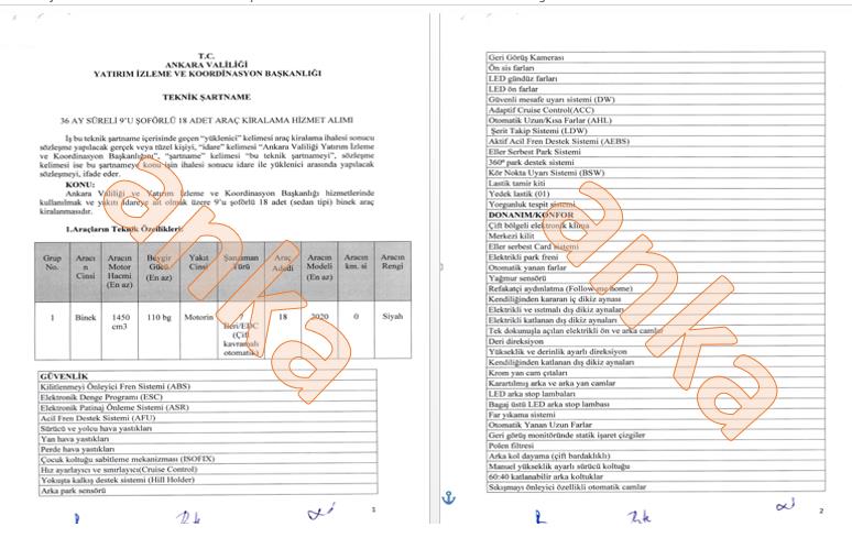 ANKARA VALİLİĞİ 18 ADET, İÇİNDE CESET TORBASI OLAN OTOMOBİL KİRALAYACAK
