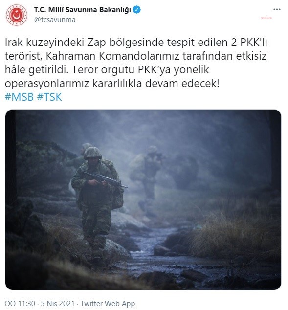 MSB: ZAP BÖLGESİNDE İKİ PKK'LI TERÖRİST ETKİSİZ HALE GETİRİLDİ