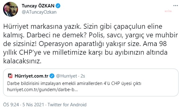 CHP'Lİ ÖZKAN'DAN HÜRRİYET'E SERT TEPKİ: "OPERASYON APARATLIĞI YAKIŞIR SİZE"