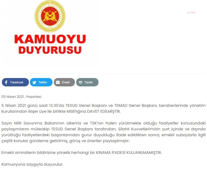 TESUD: "EMEKLİ AMİRALLERİN BİLDİRİSİNE YÖNELİK HERHANGİ BİR KINAMA İFADESİ KULLANILMAMIŞTIR"