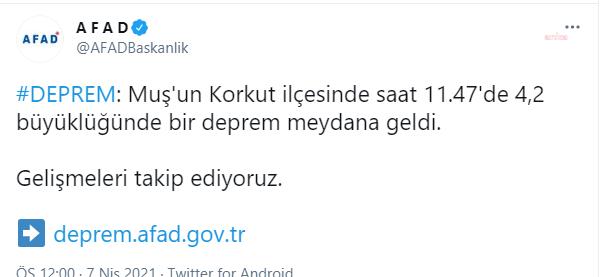 MUŞ'TA 4.2 BÜYÜKLÜĞÜNDE DEPREM