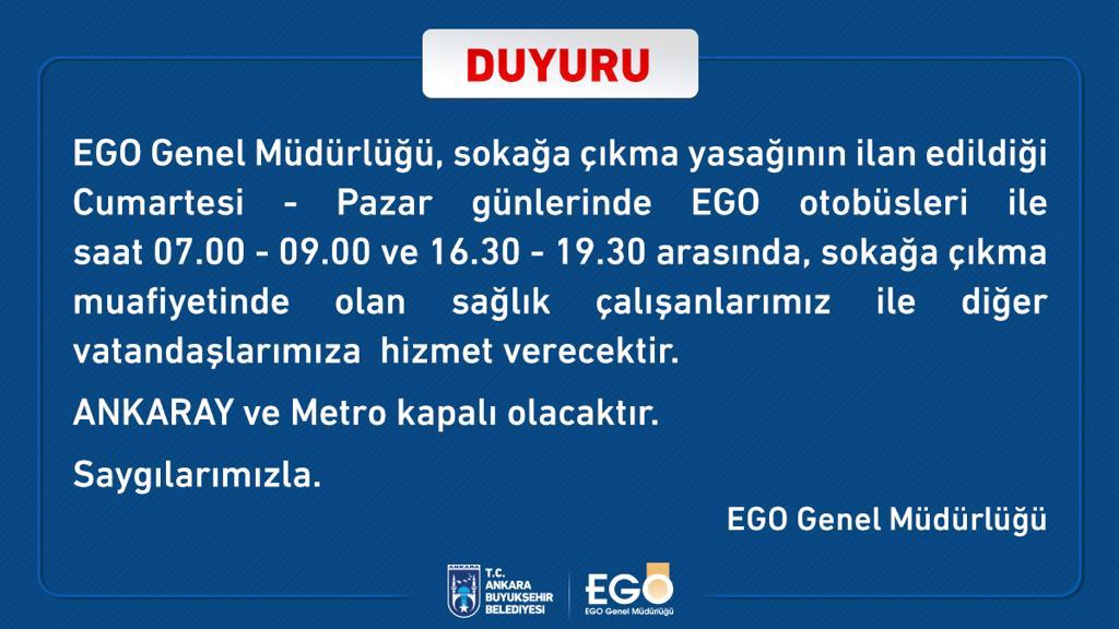 EGO OTOBÜSLERİN ÇALIŞACAĞI SAATLERİ AÇIKLADI