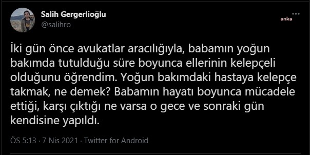 SALİH GERGERLİOĞLU'NDAN "HDP'Lİ GERGEROĞLU'NA YOĞUN BAKIMDA KELEPÇE" İDDİASI