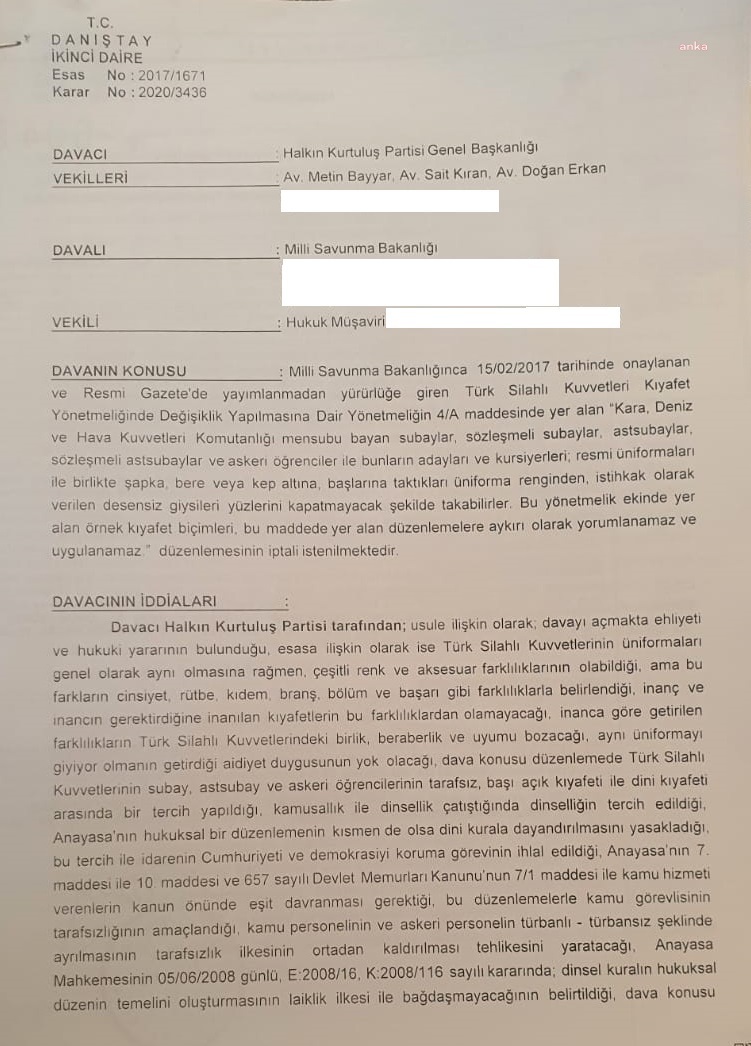 DANIŞTAY, TSK’DA TÜRBANA İZİN VEREN YÖNETMELİK DEĞİŞİKLİĞİNİN İPTALİ İSTEMİNİ REDDETTİ