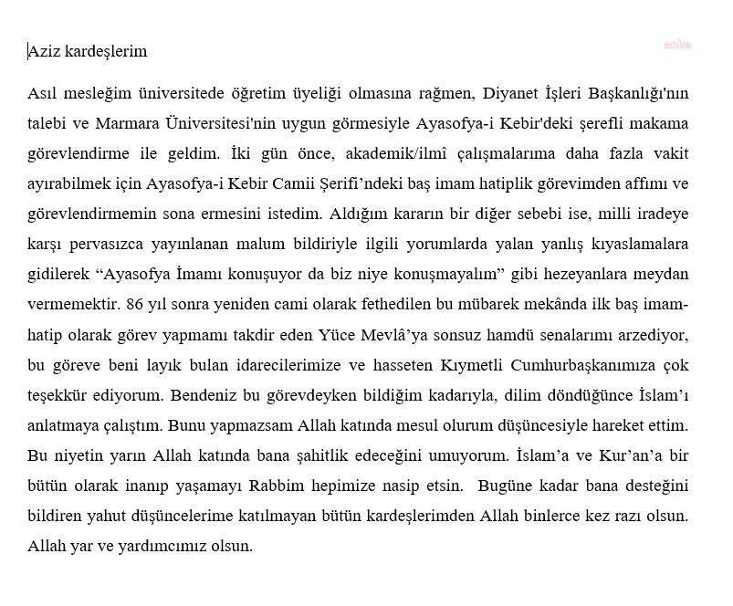 BOYNUKALIN: KARARIMIN BİR SEBEBİ 'AYASOFYA İMAMI KONUŞUYOR DA BİZ NİYE KONUŞMAYALIM' GİBİ HEZEYANLARA MEYDAN VERMEMEK