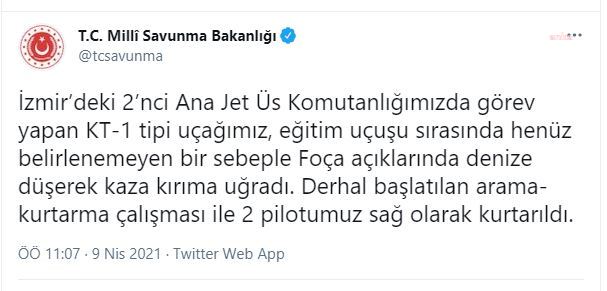 İZMİR'DE ASKERİ EĞİTİM UÇAĞI DÜŞTÜ, 2 PİLOT KURTULDU