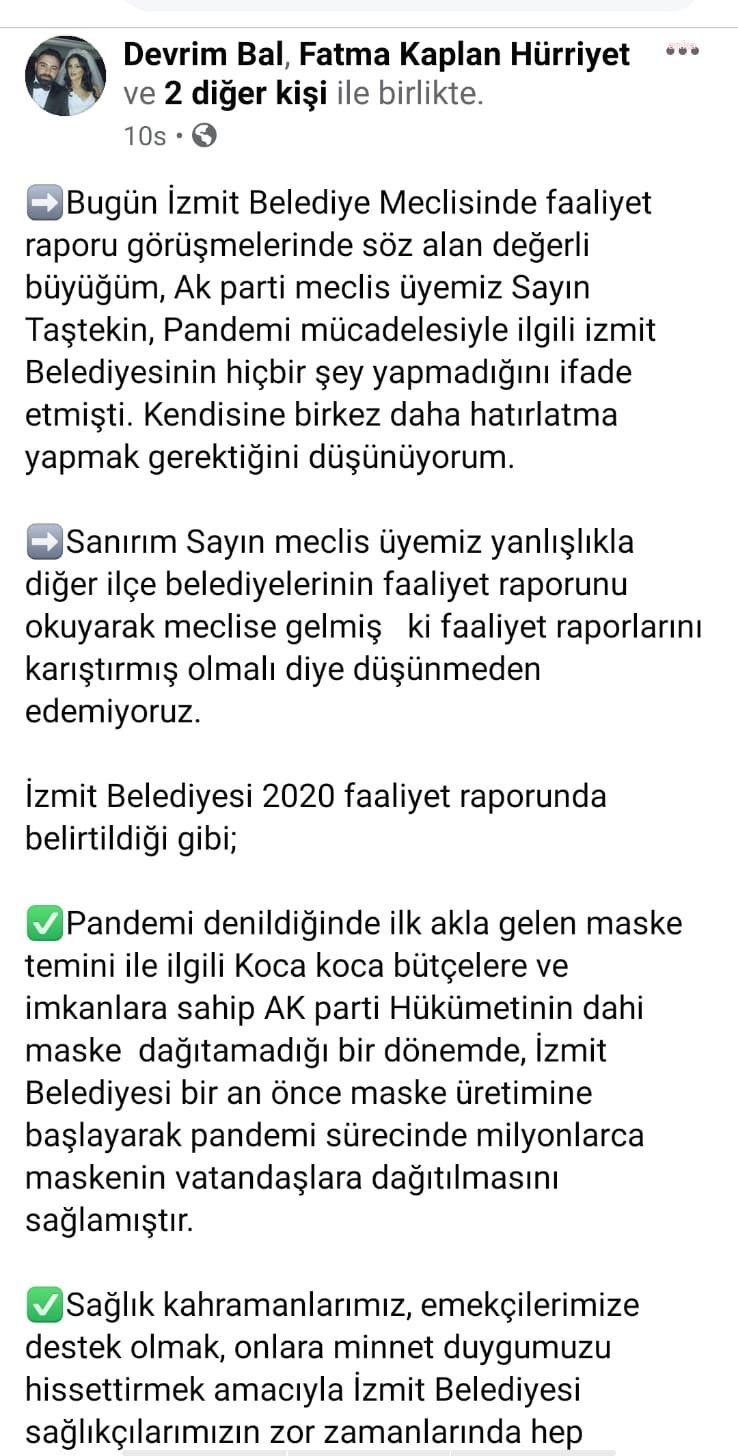 İZMİT BELEDİYE CHP MECLİS ÜYESİ BAL'DAN, AKP'Lİ ÜYE TAŞTEKİN'E FAALİYET RAPORU YANITI: "SANIRIM RAPORLARI KARIŞTIRIYORSUNUZ DEĞERLİ BÜYÜĞÜM"