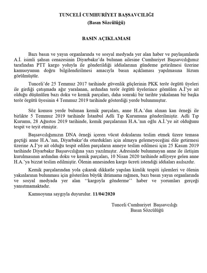 "PKK'LI TERÖRİSTİN CENAZESİNİN KARGOYLA GÖNDERİLDİĞİ" İDDİALARINA AÇIKLAMA