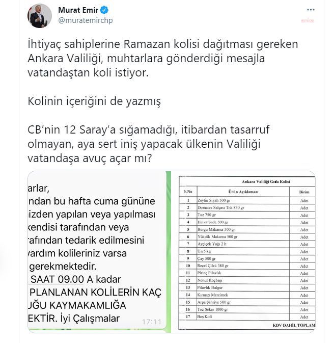 CHP’Lİ EMİR: ANKARA VALİLİĞİ YURTTAŞTAN YARDIM KOLİSİ İSTİYOR