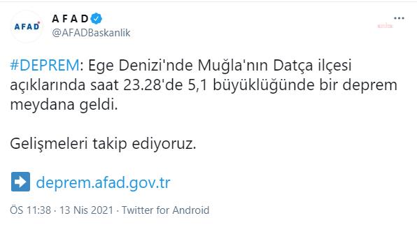 DATÇA AÇIKLARINDA 5.1 BÜYÜKLÜĞÜNDE DEPREM