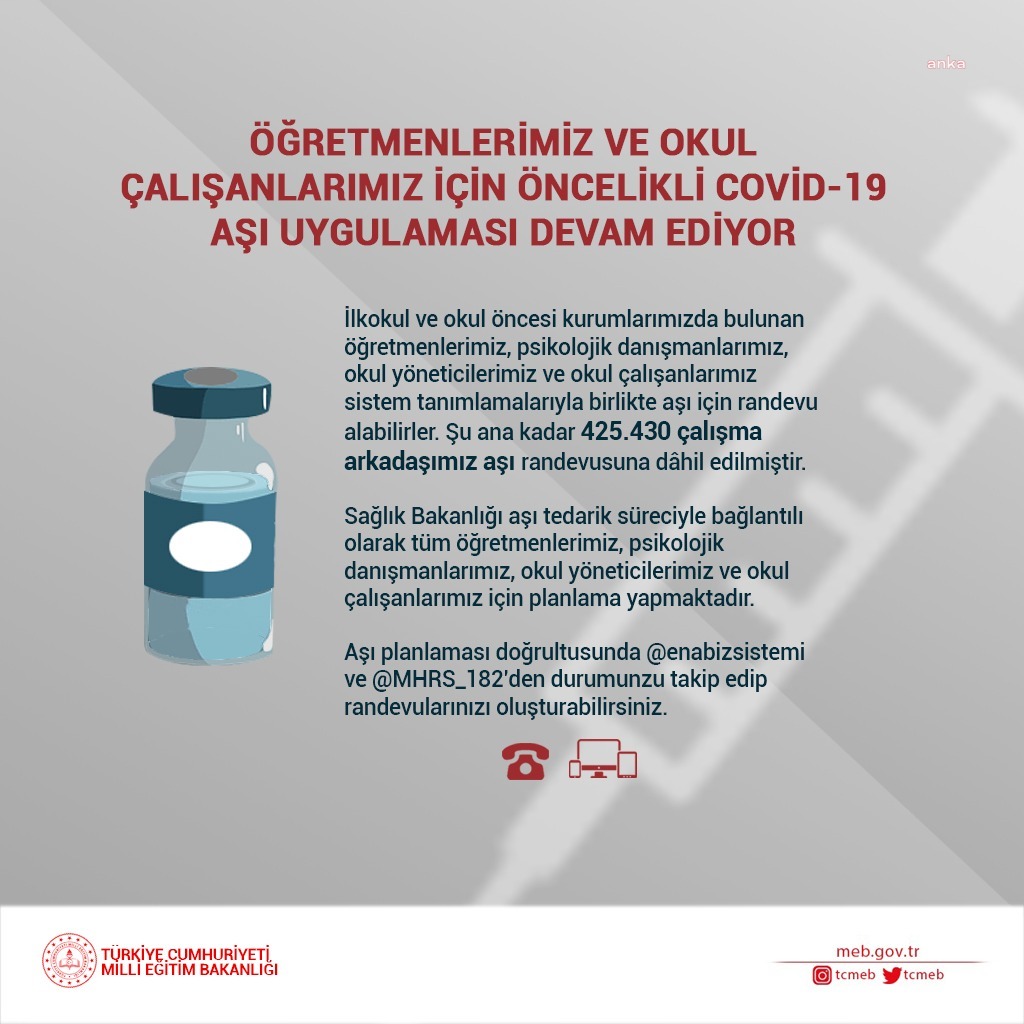 MEB: 425 BİN 430 PERSONELE AŞI TANIMLANDI