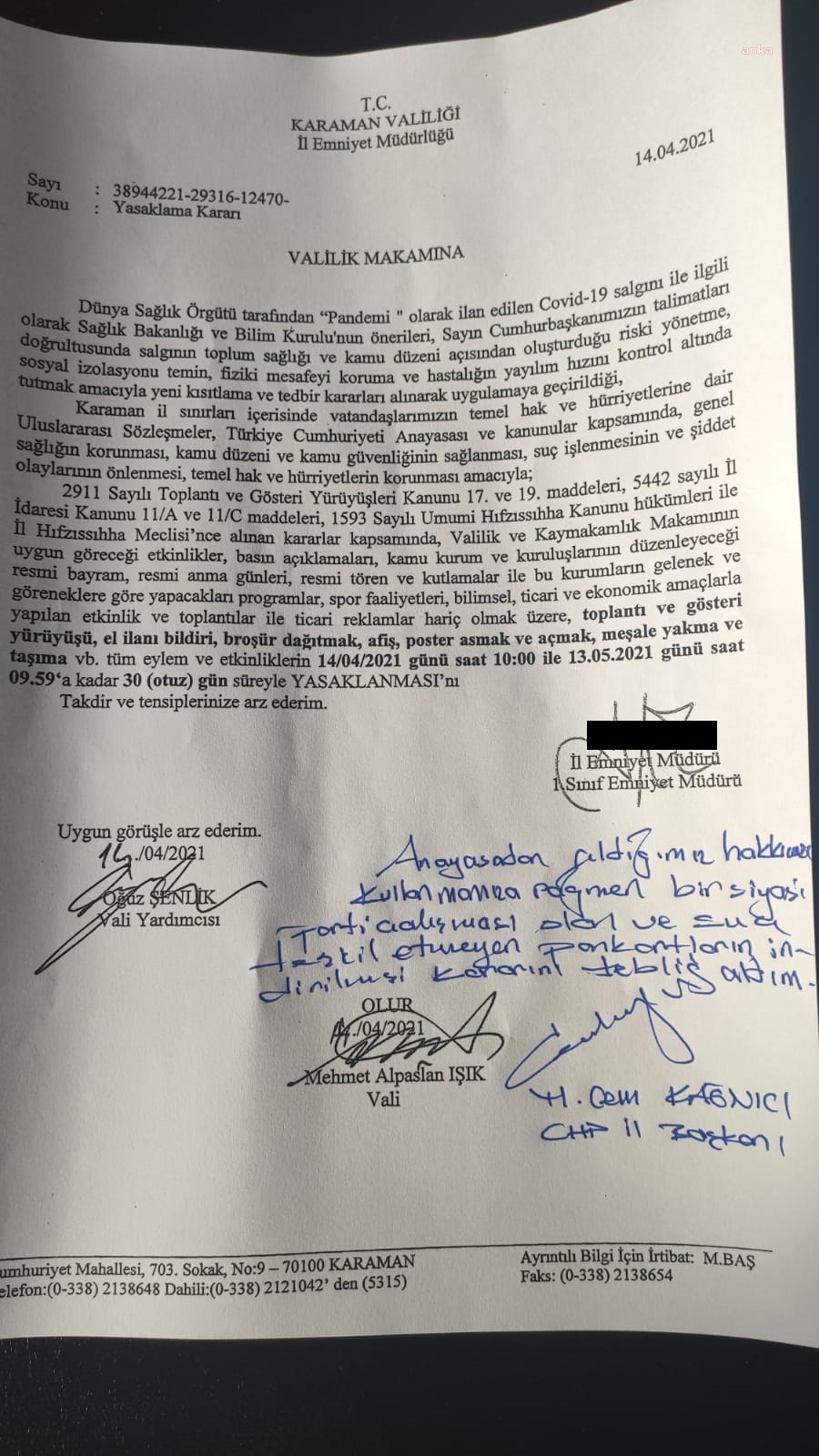 TÜRKİYE'DE İLK: "128 MİLYAR DOLAR NEREDE?" PANKARTINA BU KEZ KARAMAN'DA "KORONAVİRÜS" YASAĞI GETİRİLDİ