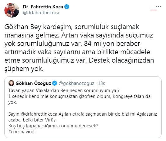 BAKAN KOCA'DAN SANATÇI GÖKHAN ÖZOĞUZ'A: "ARTAN VAKA SAYISINDA SUÇUMUZ YOK SORUMLULUĞUMUZ VAR"
