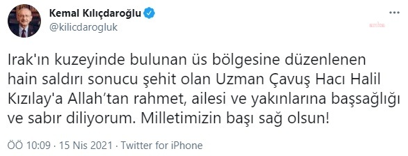 KILIÇDAROĞLU'NDAN ŞEHİT HALİL KIZILAY İÇİN TAZİYE MESAJI