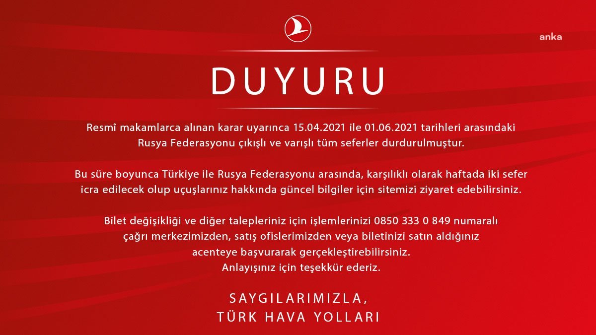 THY: "1 HAZİRAN'A KADAR RUSYA'YA KARŞILIKLI 2 SEFER YAPILACAK"