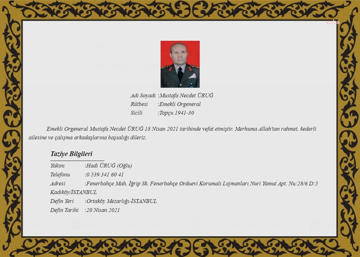 19. GENELKURMAY BAŞKANI EMEKLİ ORGENERAL NECDET ÜRUĞ VEFAT ETTİ