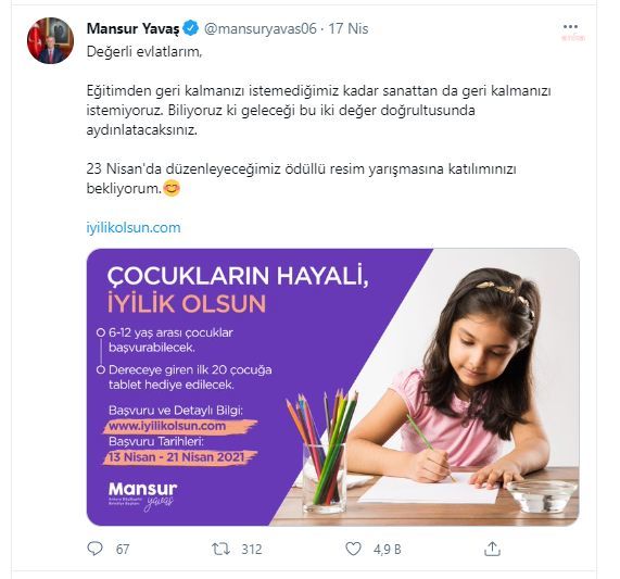 ANKARA BÜYÜKŞEHİR’DEN 23 NİSAN’A ÖZEL RESİM YARIŞMASI: "23 NİSAN İYİLİK OLSUN"