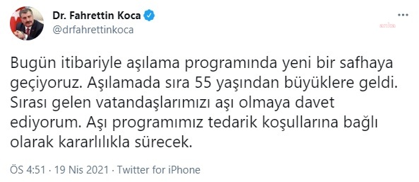 BAKAN KOCA AÇIKLADI: "AŞILAMADA SIRA 55 YAŞ ÜSTÜNE GELDİ"
