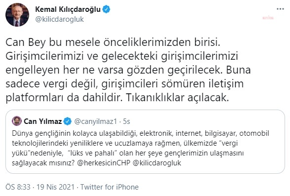 KILIÇDAROĞLU'NDAN CAN YILMAZ'A YANIT: "GİRİŞİMCİLERİMİZİ ENGELLEYEN HER NE VARSA GÖZDEN GEÇİRİLECEK"