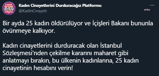 KADIN CİNAYETLERİNİ DURDURACAĞIZ PLATFORMU: "BİR AYDA 25 KADIN ÖLDÜRÜLÜYOR, BAKAN SOYLU BUNUNLA ÖVÜNÜYOR"