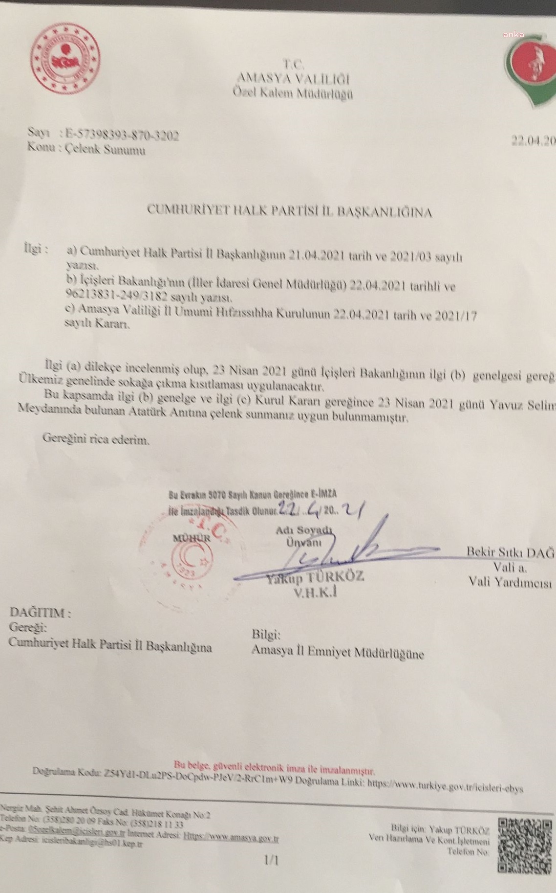 İÇİŞLERİ GENELGESİ "ÇELENK SUNMA SERBEST" DİYORDU İKİ VALİLİK CHP BAŞVURULARINI REDDETTİ