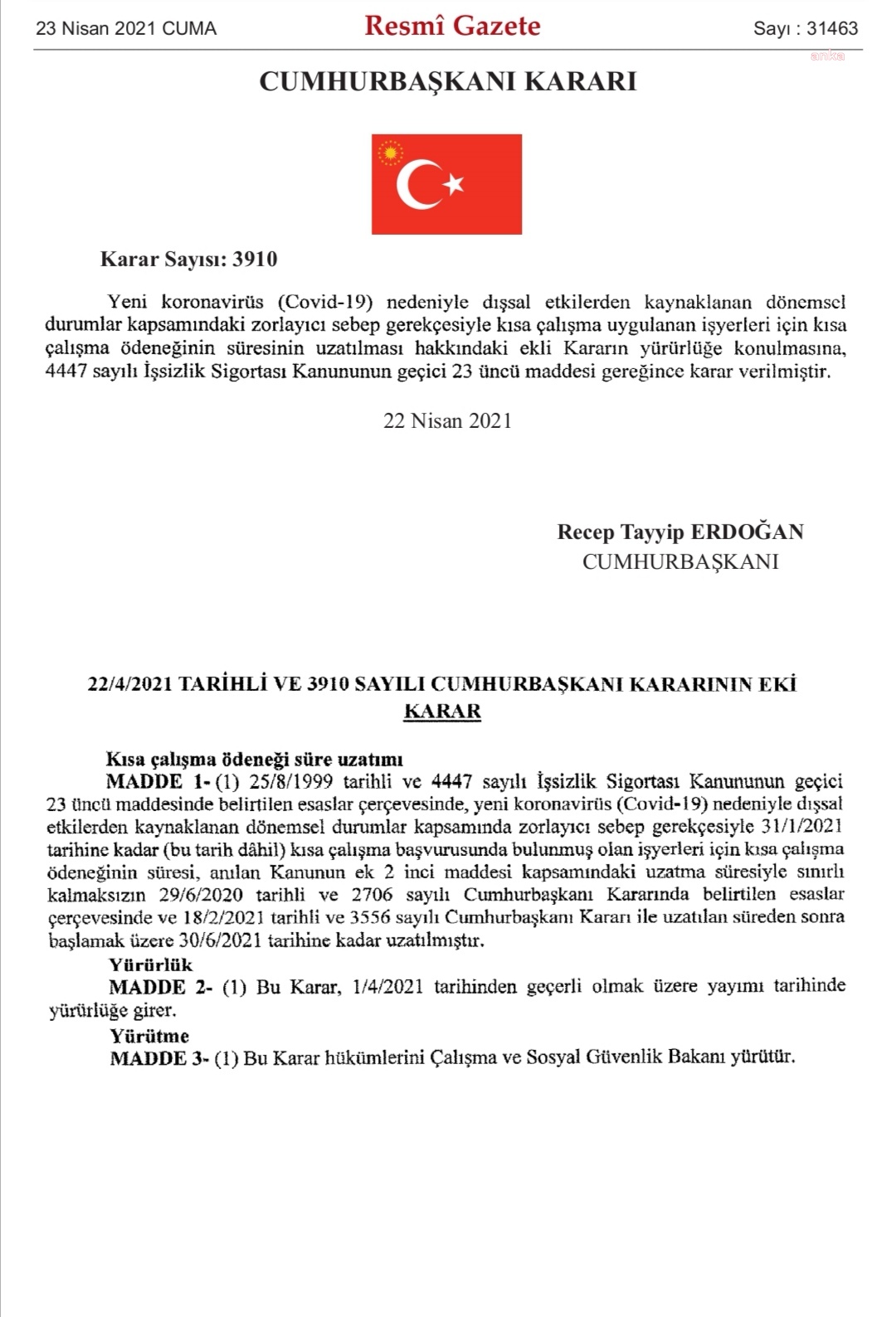 KISA ÇALIŞMA ÖDENEĞİ'NİN UZATILMASI KARARI RESMİ GAZETE'DE YAYIMLANDI