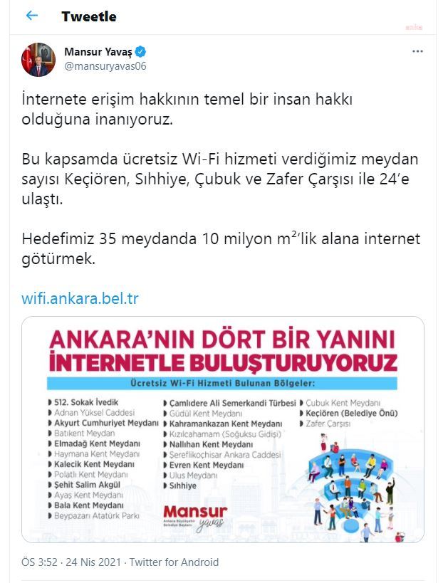 BAŞKENT MEYDANLARINDA ÜCRETSİZ İNTERNET AĞI GENİŞLİYOR