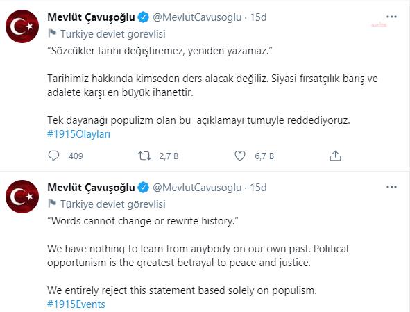 ÇAVUŞOĞLU'NDAN BIDEN'A "SOYKIRIM" TEPKİSİ: TEK DAYANAĞI POPÜLİZM OLAN BU AÇIKLAMAYI TÜMÜYLE REDDEDİYORUZ