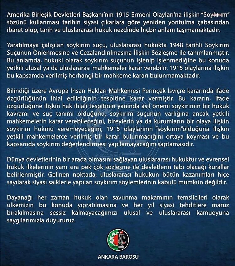 ANKARA BAROSU’NDAN BİDEN’E TEPKİ: "SOYKIRIM SUÇUNA ULUSLARARASI MAHKEMELER KARAR VEREBİLİR"