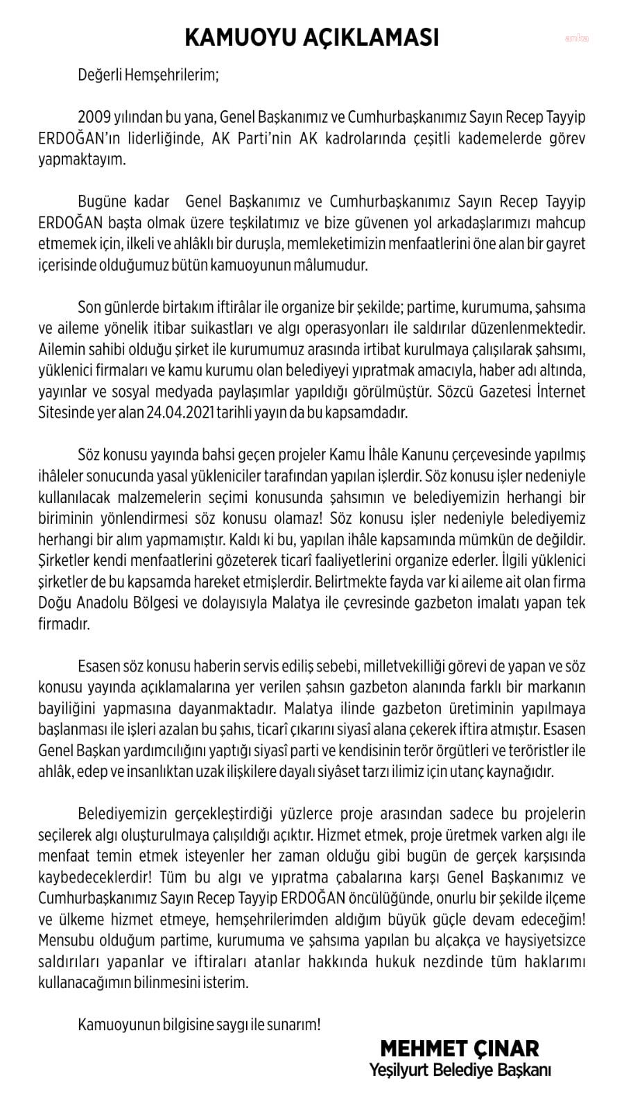 YEŞİLYURT BELEDİYE BAŞKANI ÇINAR’DAN GAZ BETON AÇIKLAMASI: "AİLEMİN FİRMASI TEK FİRMA"