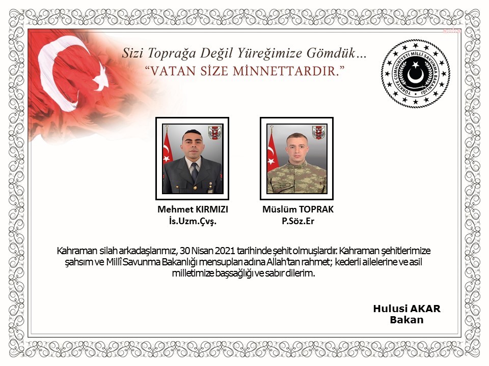 MSB DUYURDU: "İKİ ASKER ŞEHİT"