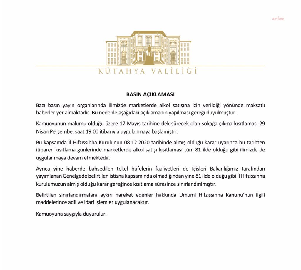 KÜTAHYA VALİLİĞİ’NİN AÇIKLAMASINI İÇİŞLERİ BAKANLIĞI PAYLAŞTI: 81 İLDE ALKOL SATIŞI YASAK