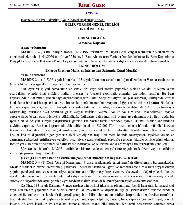 EVDE ÜRETİM YAPIP SATANA VERGİ MUAFİYETİ GELDİ