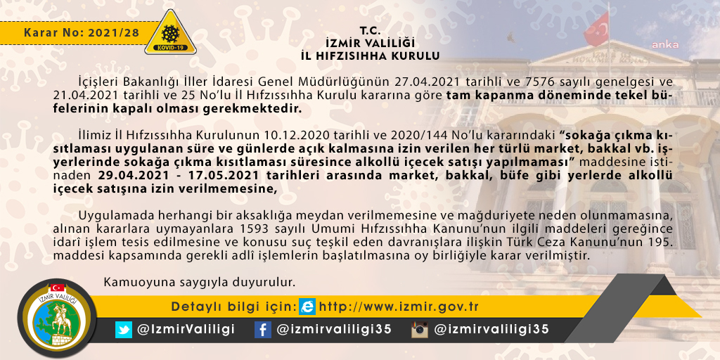 İZMİR VALİLİĞİ'NDEN ALKOL SATIŞINA YASAK