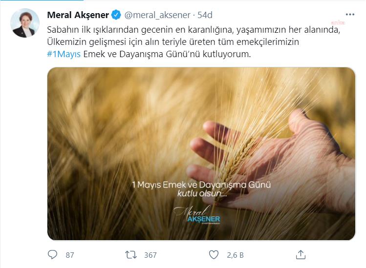 AKŞENER: TÜM EMEKÇİLERİMİZİN 1 MAYIS EMEK VE DAYANIŞMA GÜNÜ'NÜ KUTLUYORUM