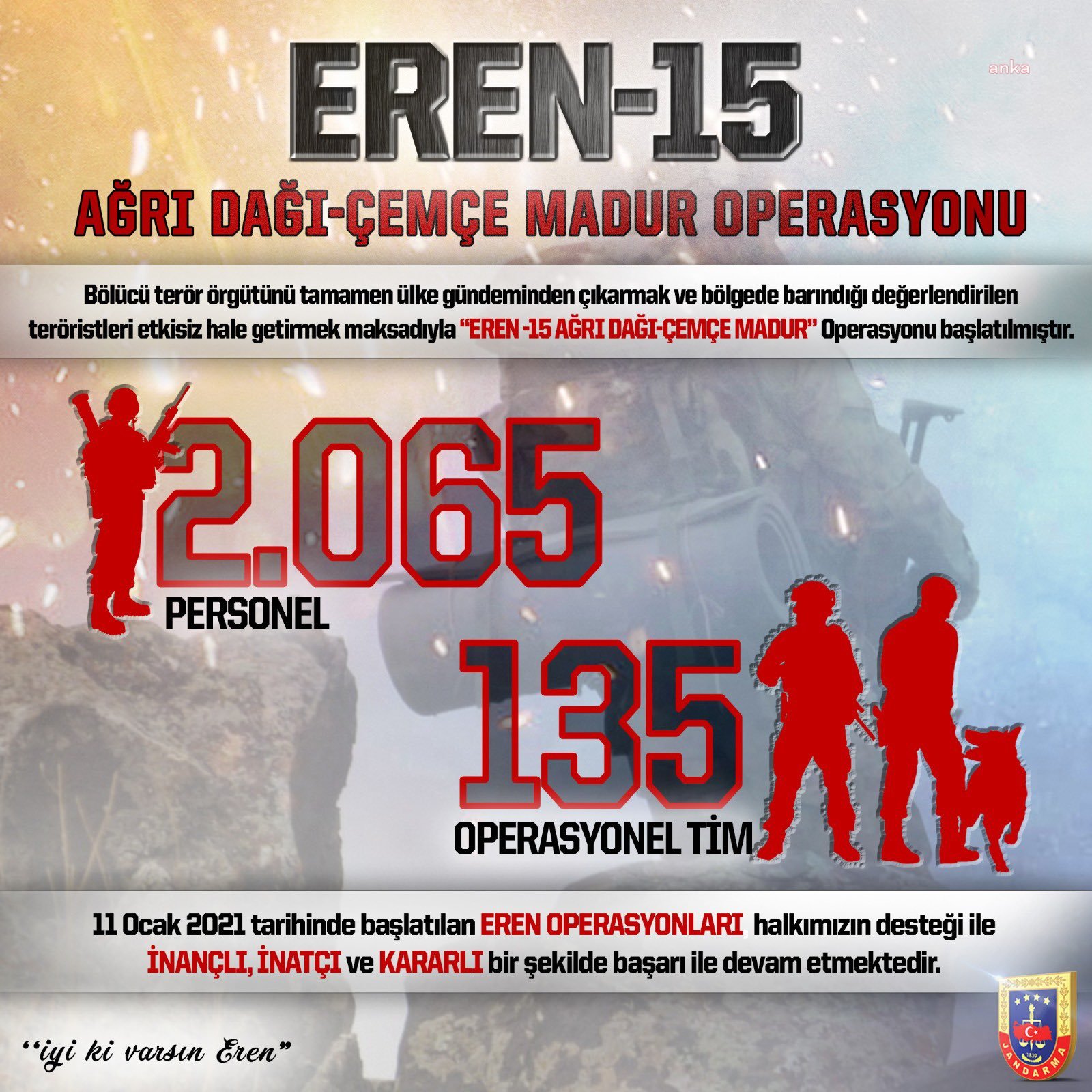 JANDARMA GENEL KOMUTANLIĞI: "EREN-15 AĞRI DAĞI-ÇEMÇE MADUR' OPERASYONU BAŞLATILDI"