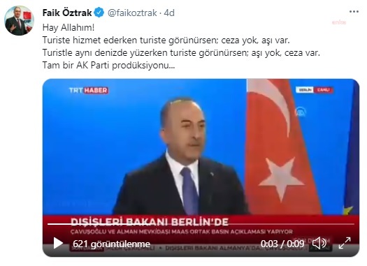 CHP SÖZCÜSÜ ÖZTRAK'TAN ÇAVUŞOĞLU'NA TEPKİ: "TURİSTE HİZMET EDERKEN TURİSTE GÖRÜNÜRSEN CEZA YOK, AŞI VAR"