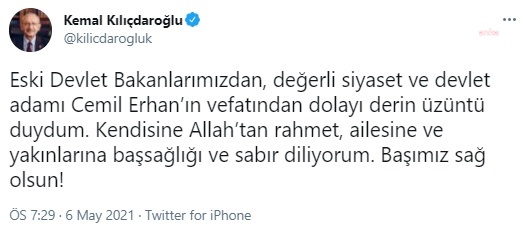 ESKİ DEVLET BAKANI CEMİL ERHAN YAŞAMINI YİTİRDİ